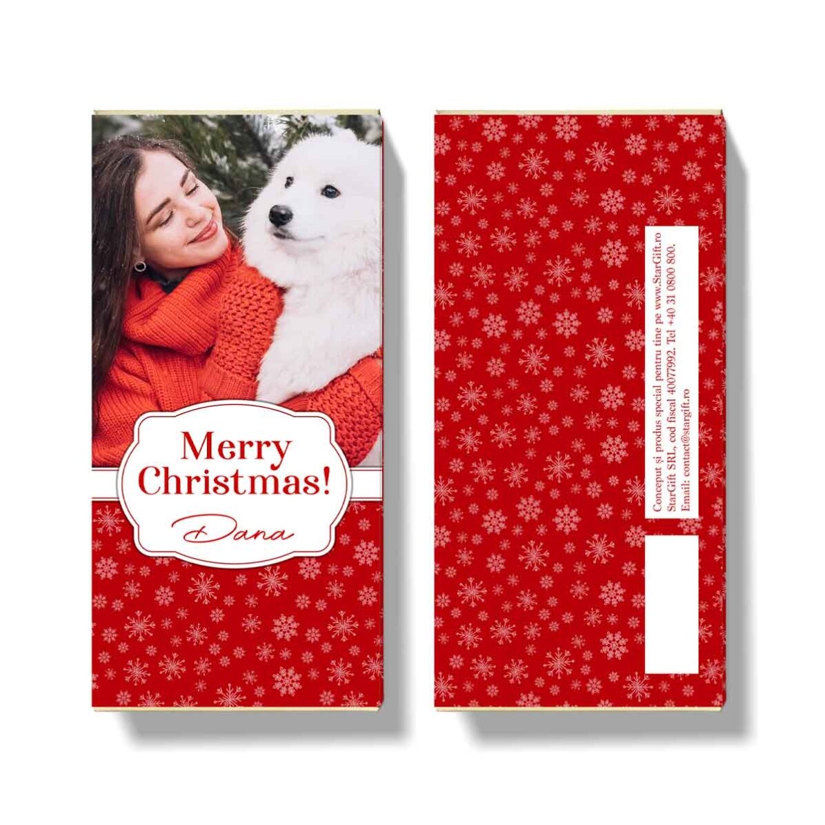 Chocolade met een foto en een kerstboodschap erop - Sneeuwvlokken