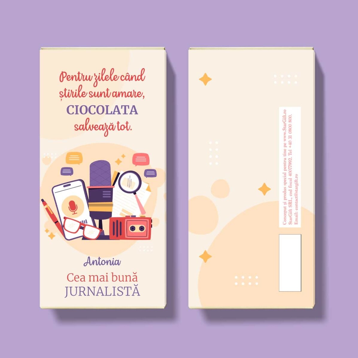Chocolade met gepersonaliseerde tekst voor een journalist