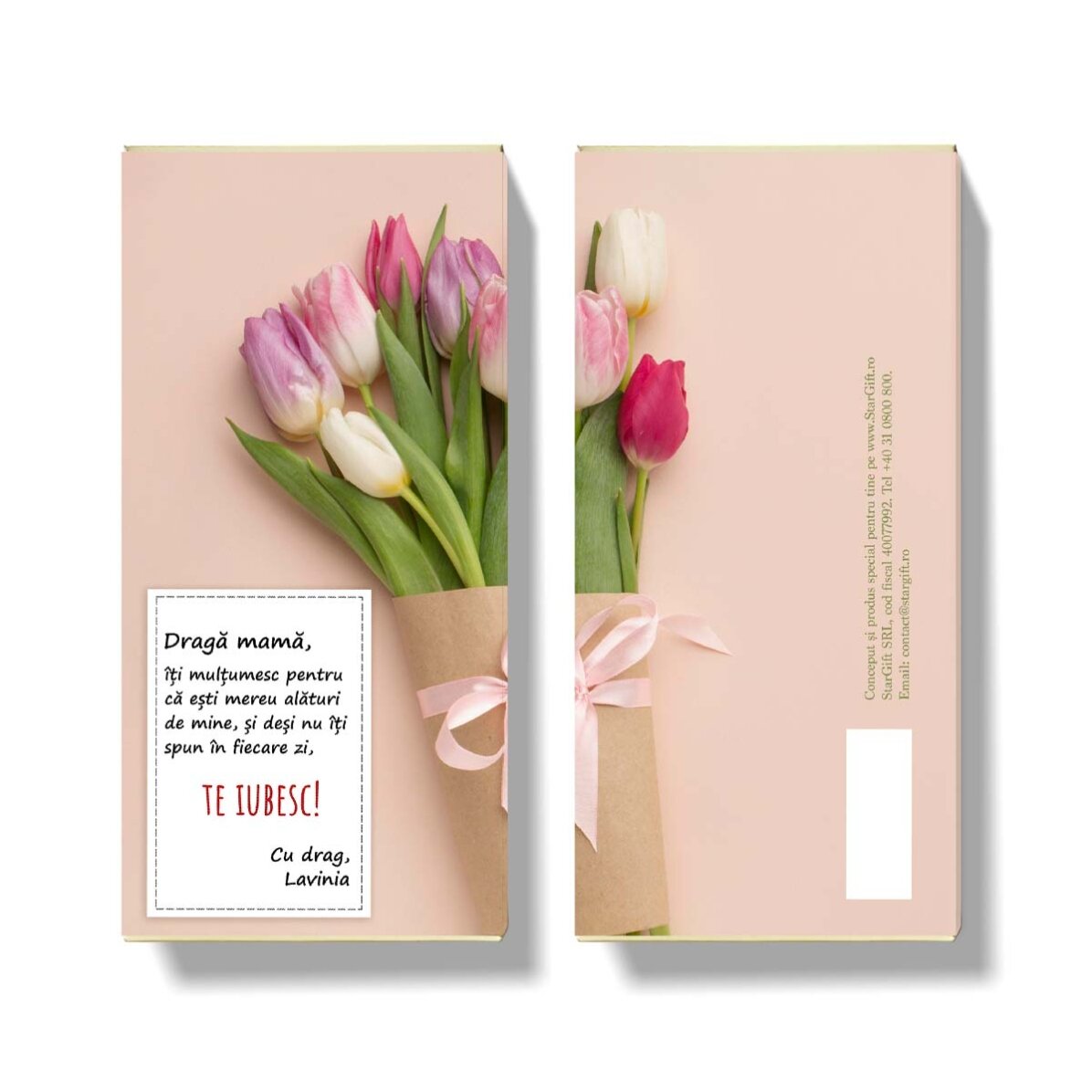 Chocolade met gepersonaliseerde tekst - Boeket tulpen