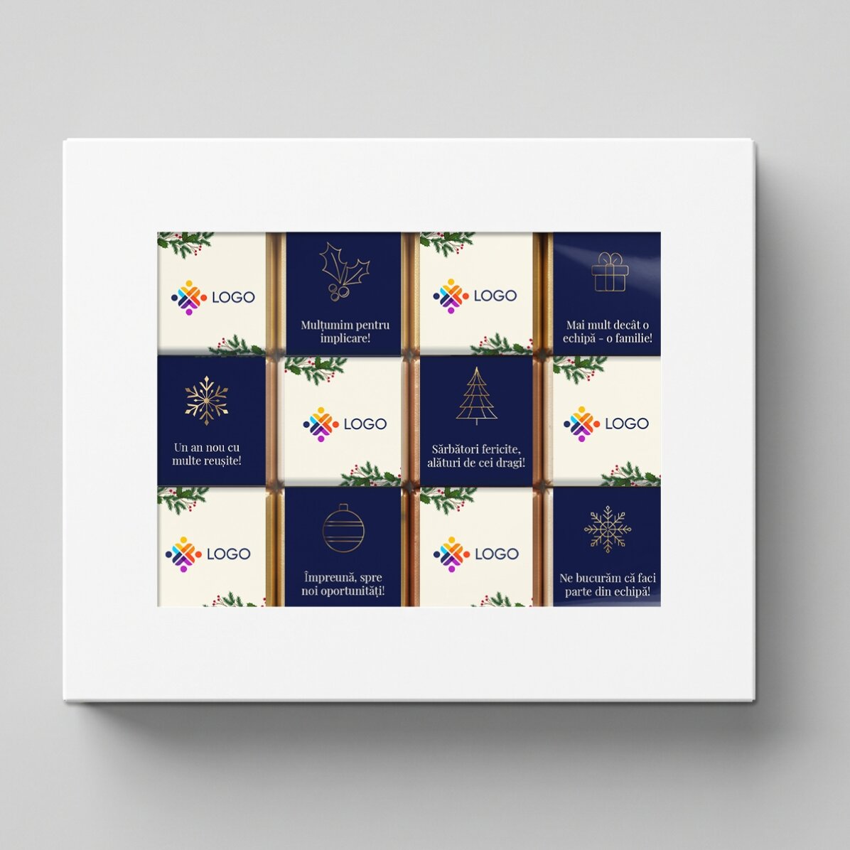 Geschenkdoos met 12 mini-chocoladehapjes, gepersonaliseerd met logo en kerstboodschap