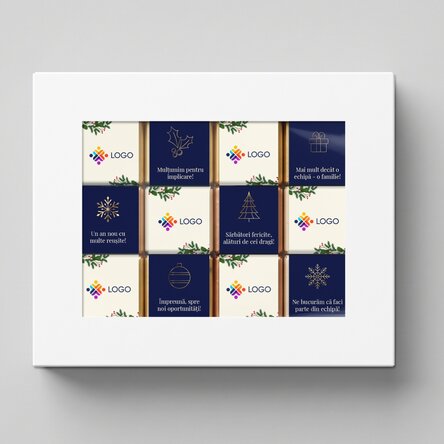 Geschenkdoos met 12 mini-chocoladehapjes, gepersonaliseerd met logo en kerstboodschap