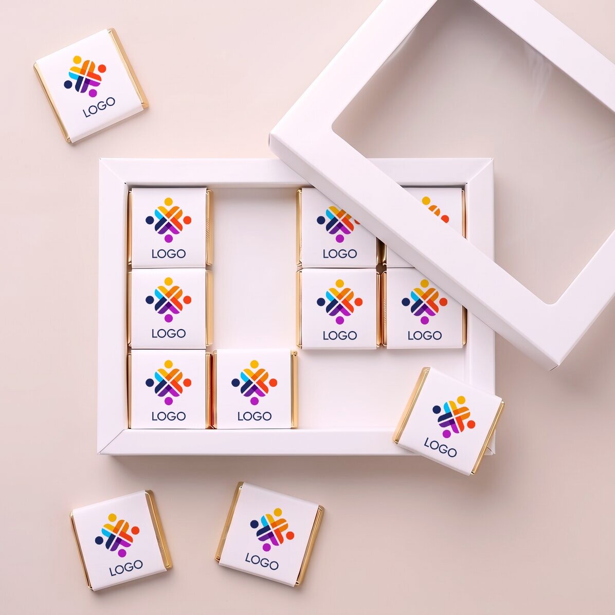 Geschenkdoos met 12 gepersonaliseerde minichocolade met logo
