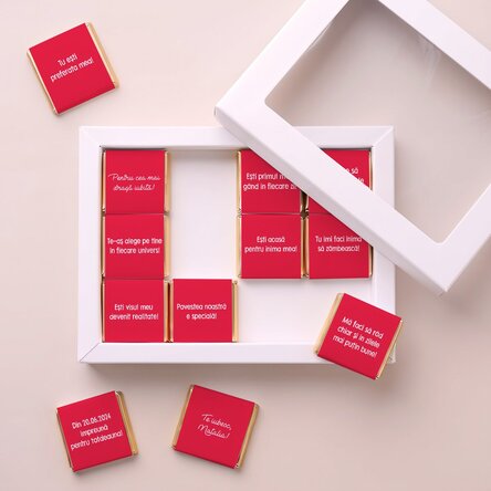 Geschenkdoos met 12 gepersonaliseerde minichocolade met boodschappen