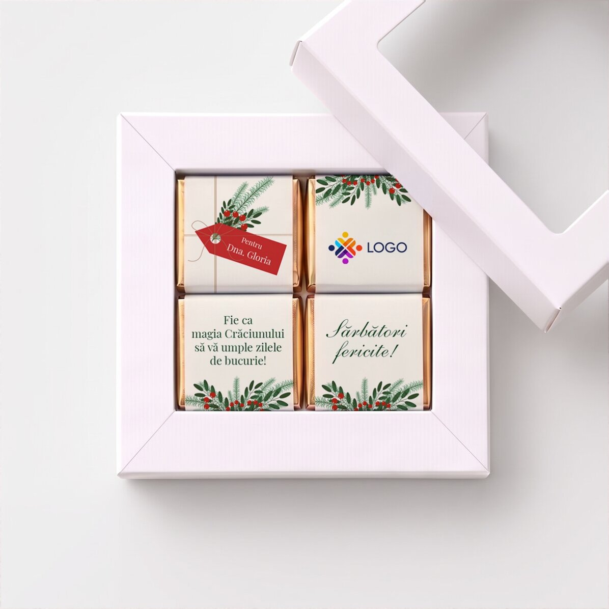 Geschenkdoos met 4 mini-chocoladehapjes, gepersonaliseerd met logo en kerstboodschap