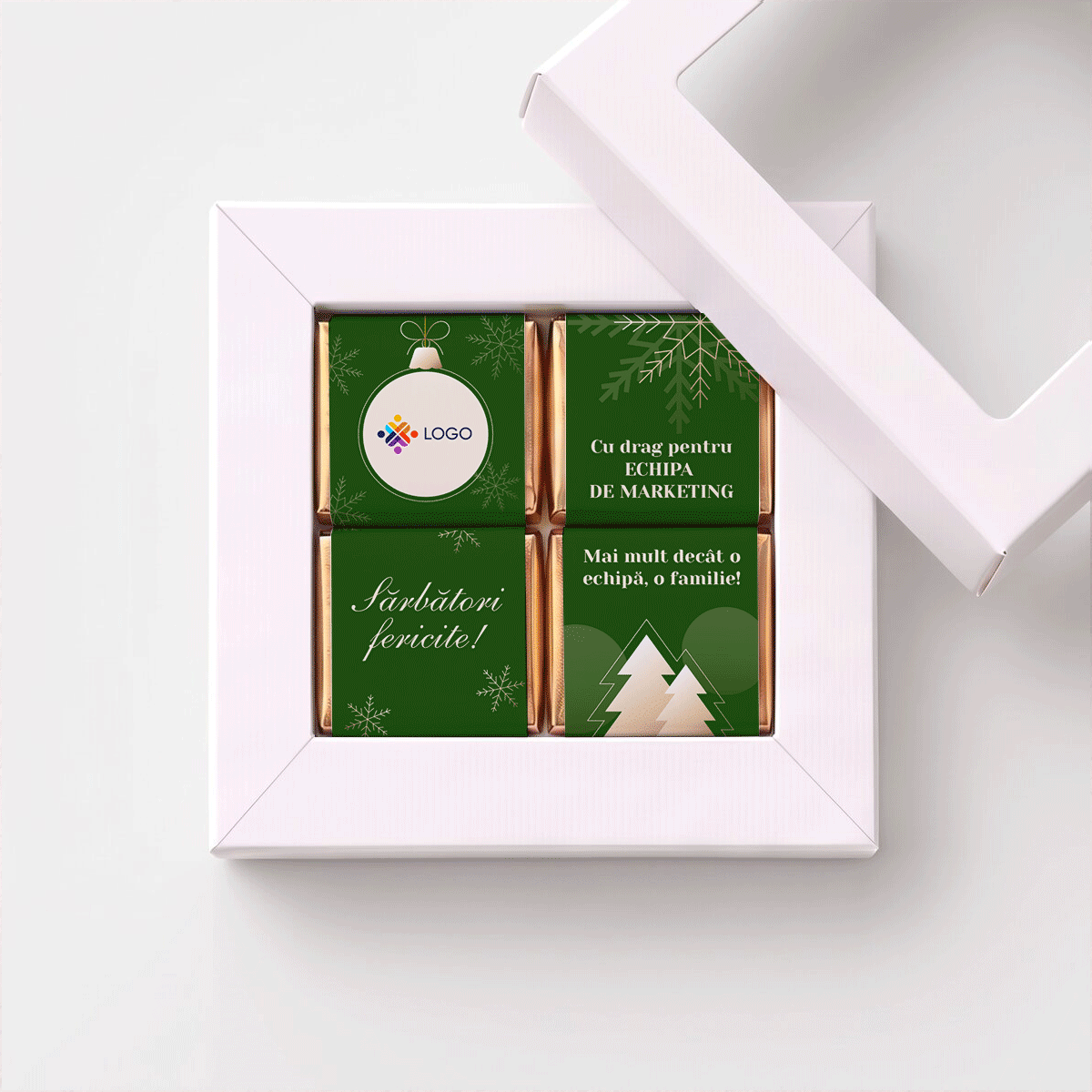 Geschenkdoos met 4 mini-chocoladehapjes, gepersonaliseerd met logo en boodschap voor het team