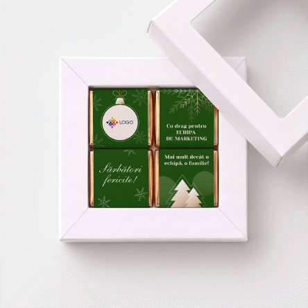 Geschenkdoos met 4 mini-chocoladehapjes, gepersonaliseerd met logo en boodschap voor het team