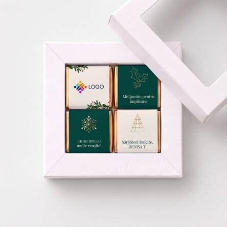 Cutie cadou cu 4 mini ciocolățele personalizate cu logo și mesaj - Sărbători fericite!