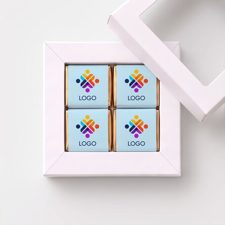 Geschenkdoos met 4 mini-chocoladehapjes, gepersonaliseerd met logo