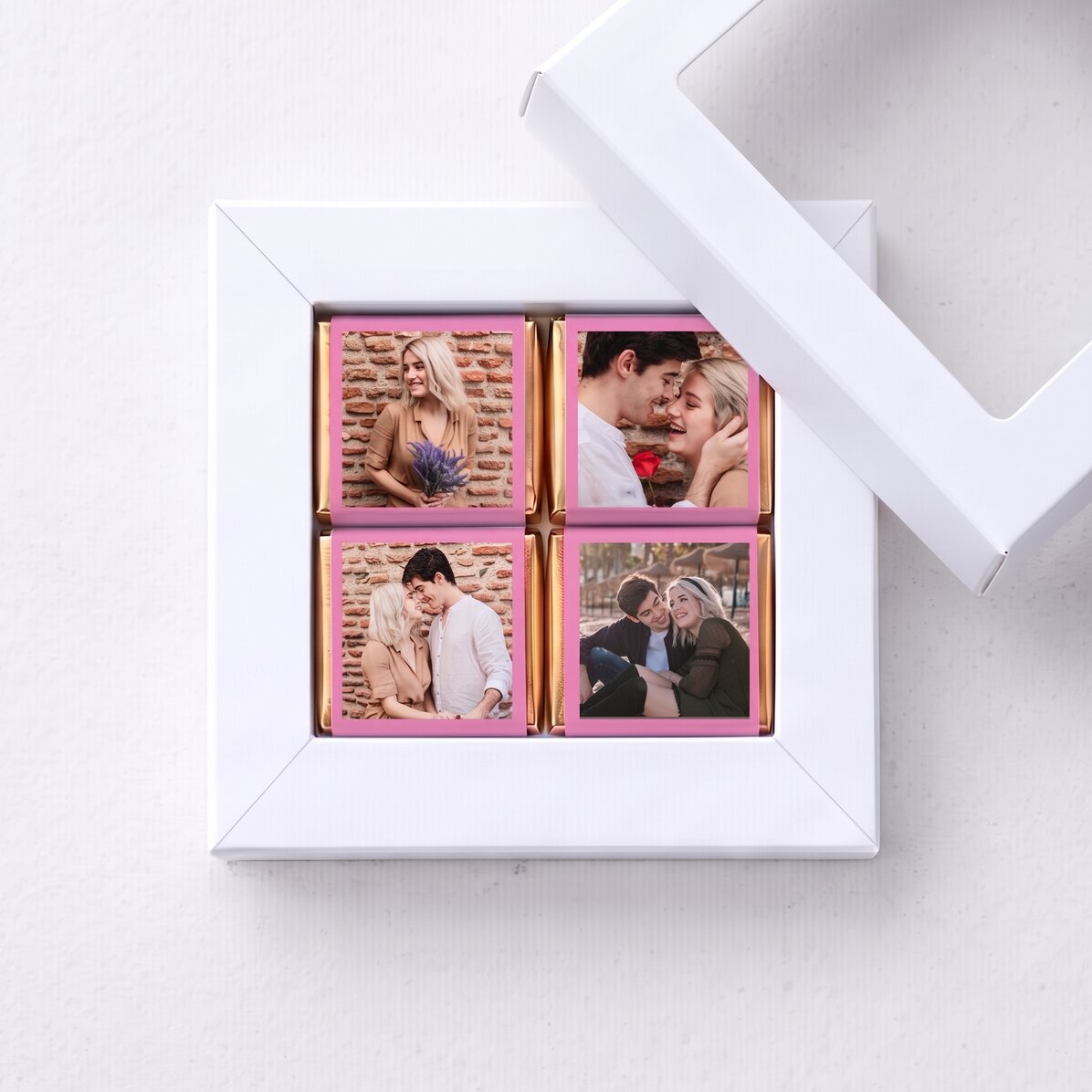 Geschenkdoos met 4 mini-chocoladehapjes, gepersonaliseerd met foto’s