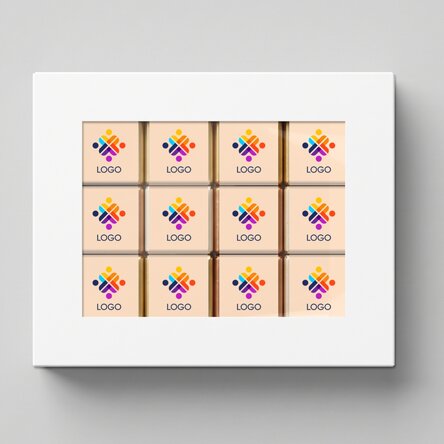 Geschenkdoos met 12 gepersonaliseerde minichocolade met logo