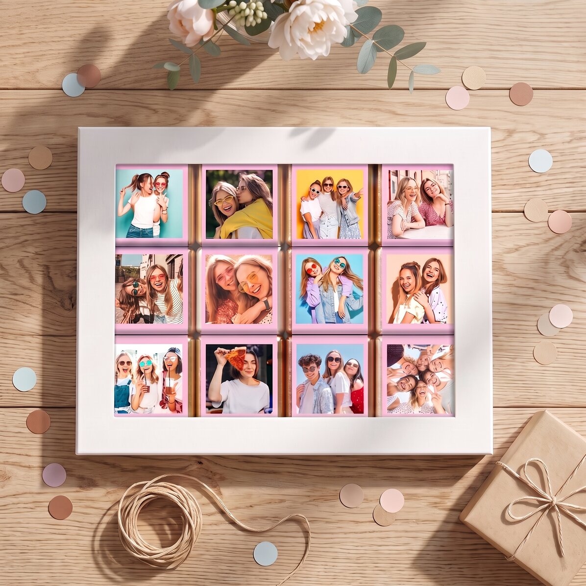 Geschenkdoos met 12 gepersonaliseerde minichocolade met foto’s