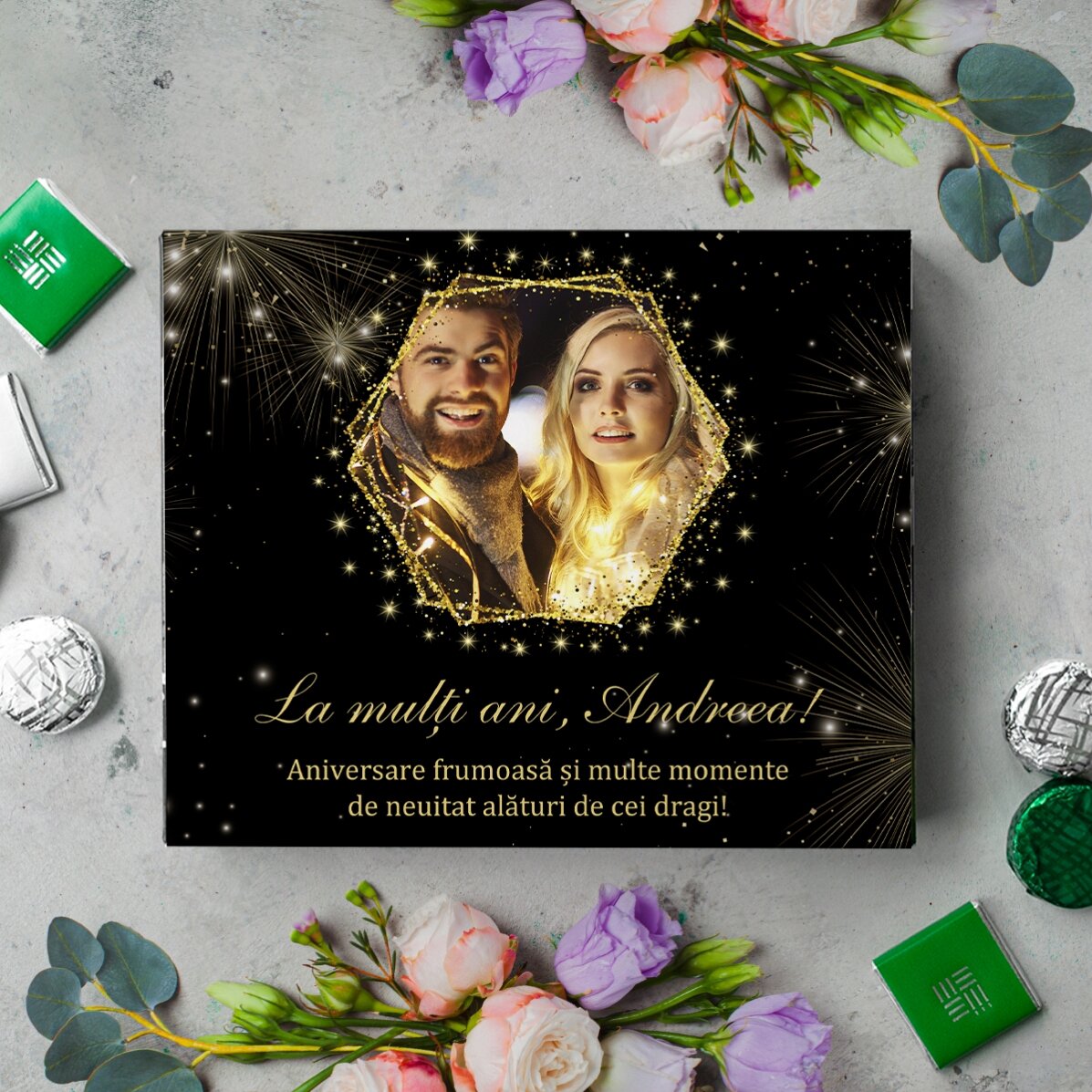 Gepersonaliseerde bonbonnière met een foto en tekst - Golden
