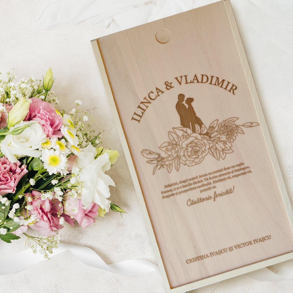 Gepersonaliseerde houten geschenkdoos met boodschap - Huwelijkscadeau