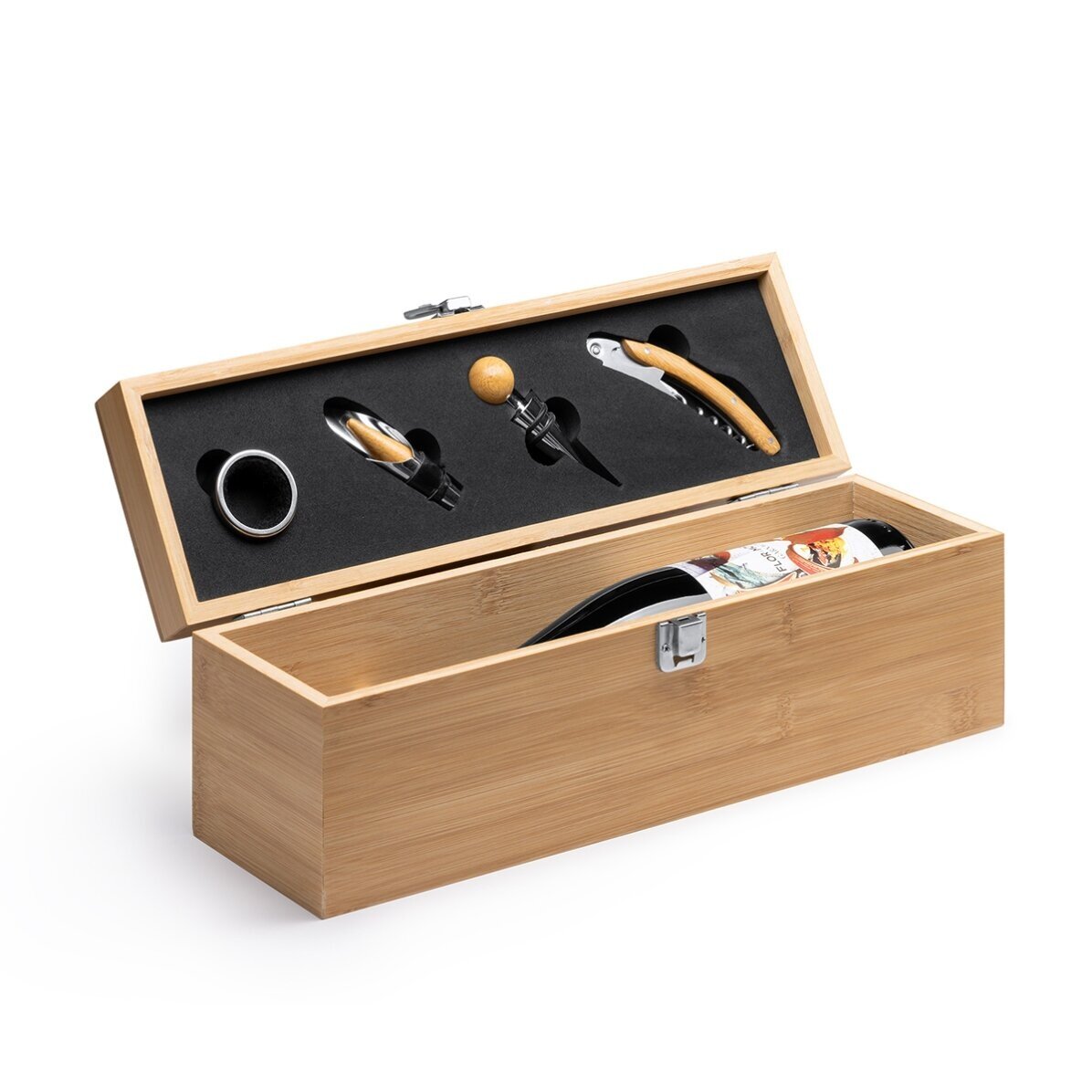 Bamboe wijnkist met accessoires, gepersonaliseerd met een logo in liggende indeling