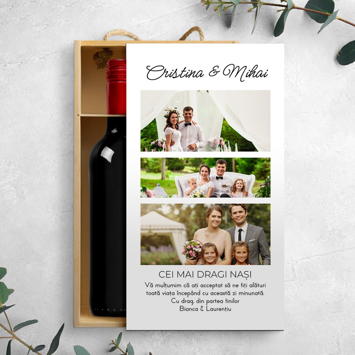 Wijnkist voor 2 flessen, gepersonaliseerd met 3 foto’s en een boodschap voor je dierbaren