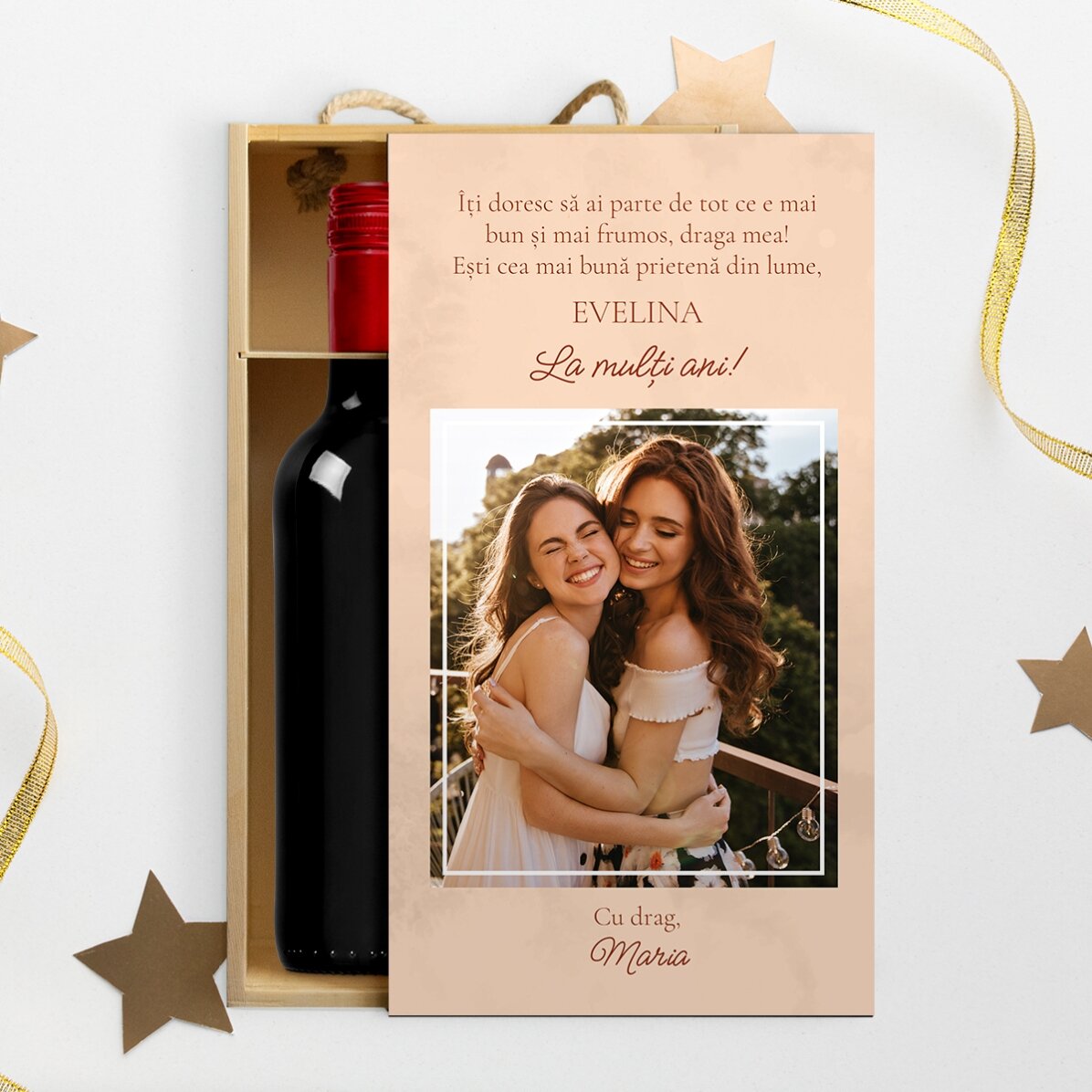 Wijnkist voor 2 flessen, gepersonaliseerd met een foto en een boodschap - Met liefde