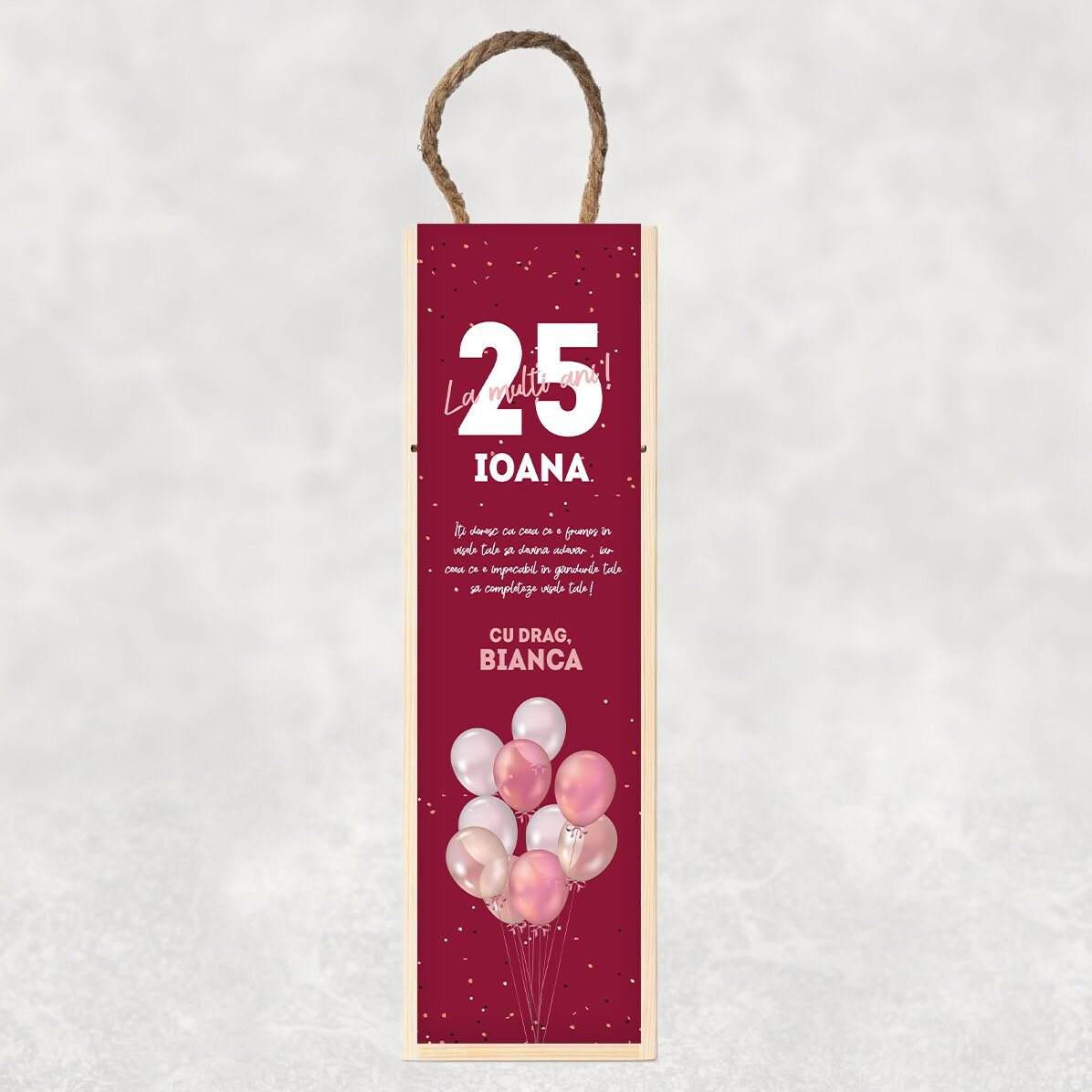 Gepersonaliseerde wijnkist met tekst voor een verjaardag - Ballonnen