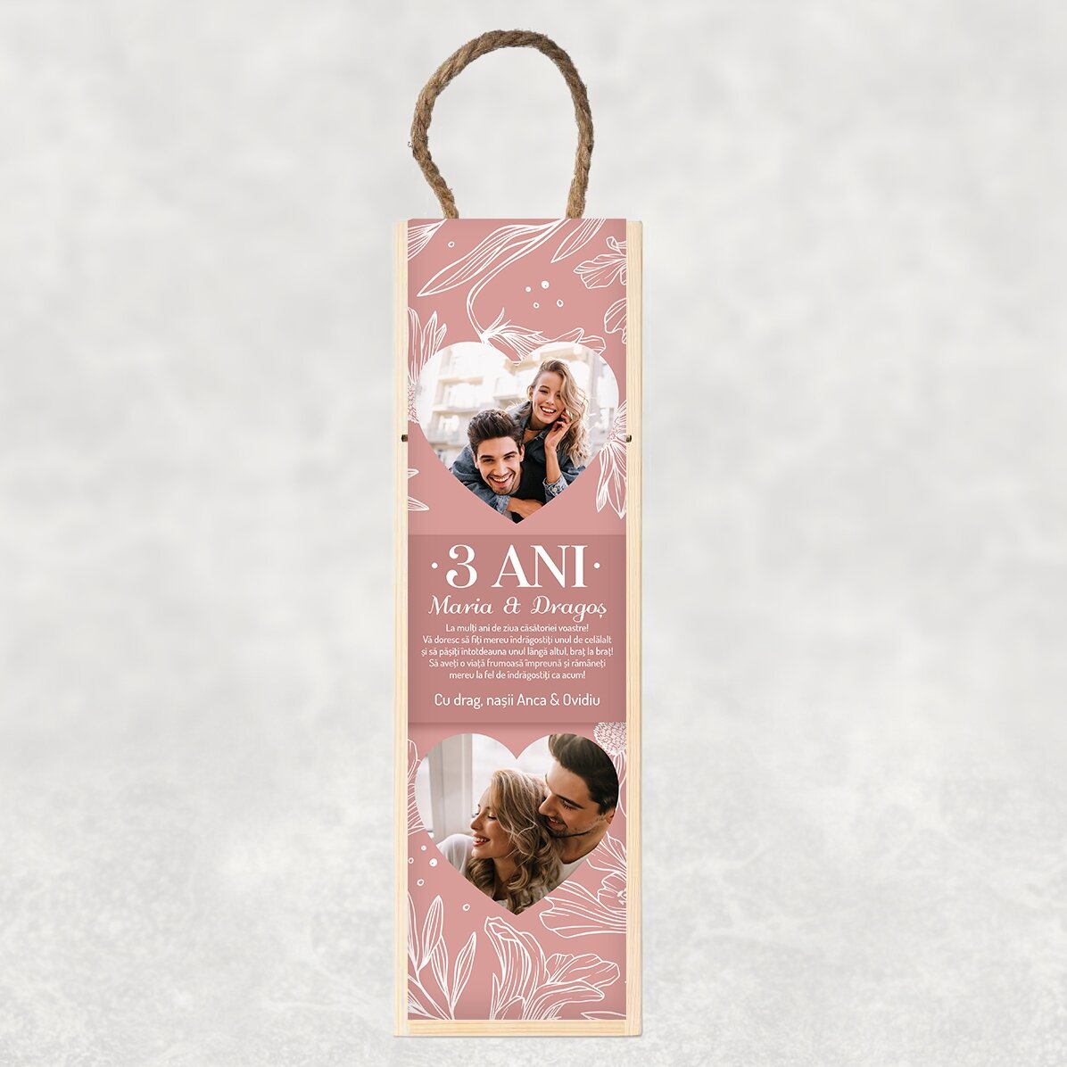 Personalised wine box with text and 2 photos - Wedding anniversary