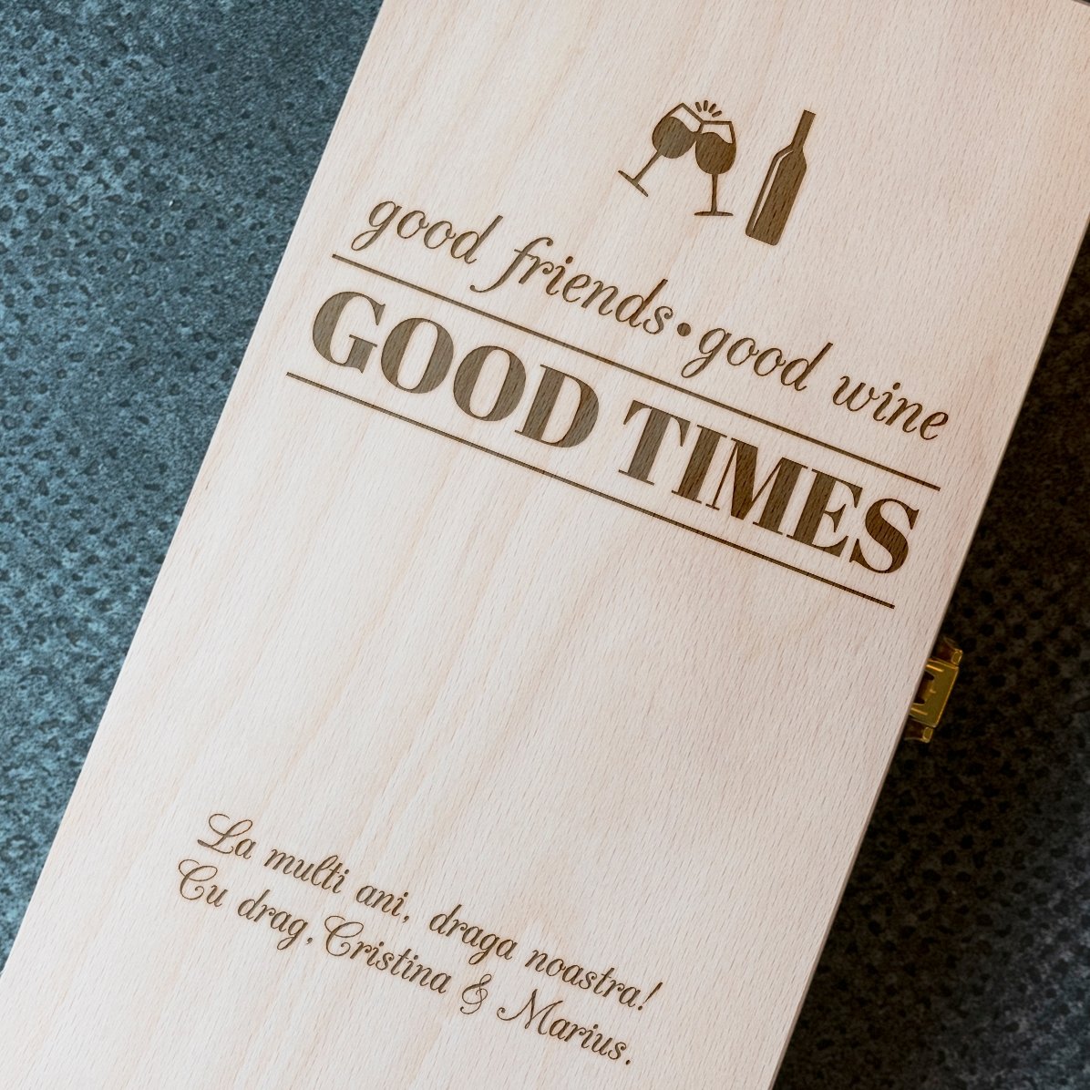 Gepersonaliseerde wijnkist voor twee flessen - Good Friends, Good Wine, Good Times