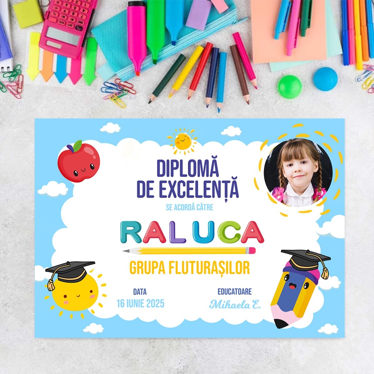 Gepersonaliseerd diploma met tekst en foto - Diploma van uitmuntendheid voor kinderen