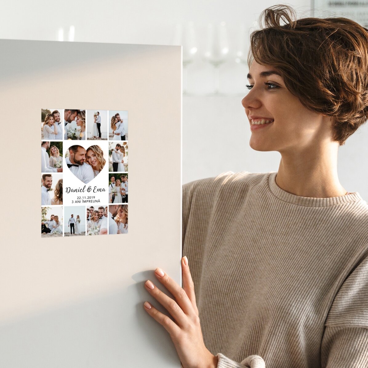 Gepersonaliseerde magnetische wenskaart met 13 foto’s en tekst voor een relatiejubileum