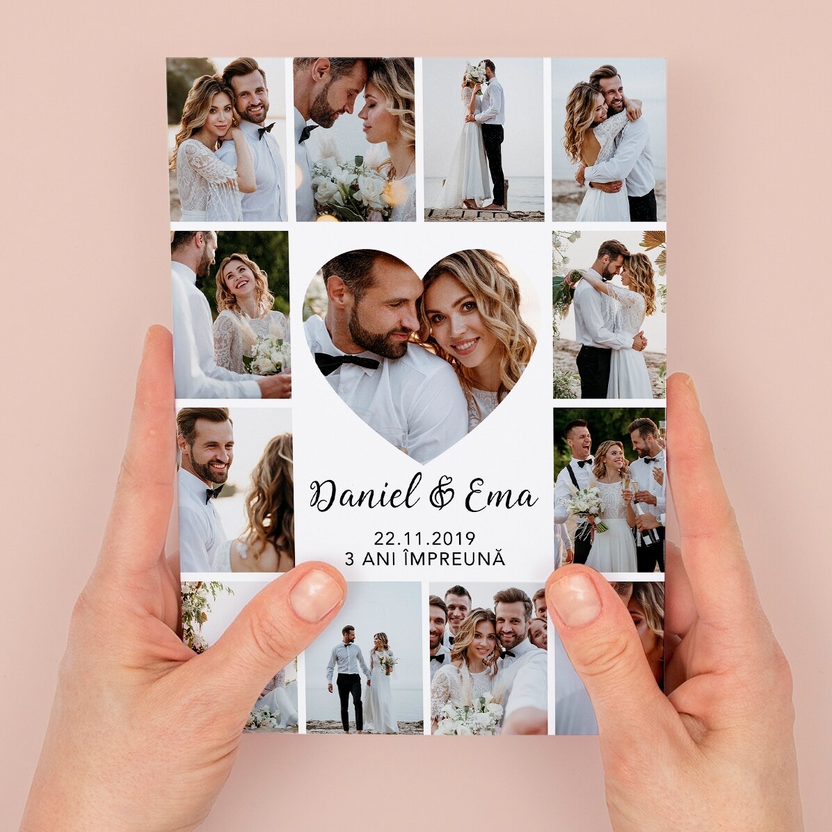 Gepersonaliseerde magnetische wenskaart met 13 foto’s en tekst voor een relatiejubileum