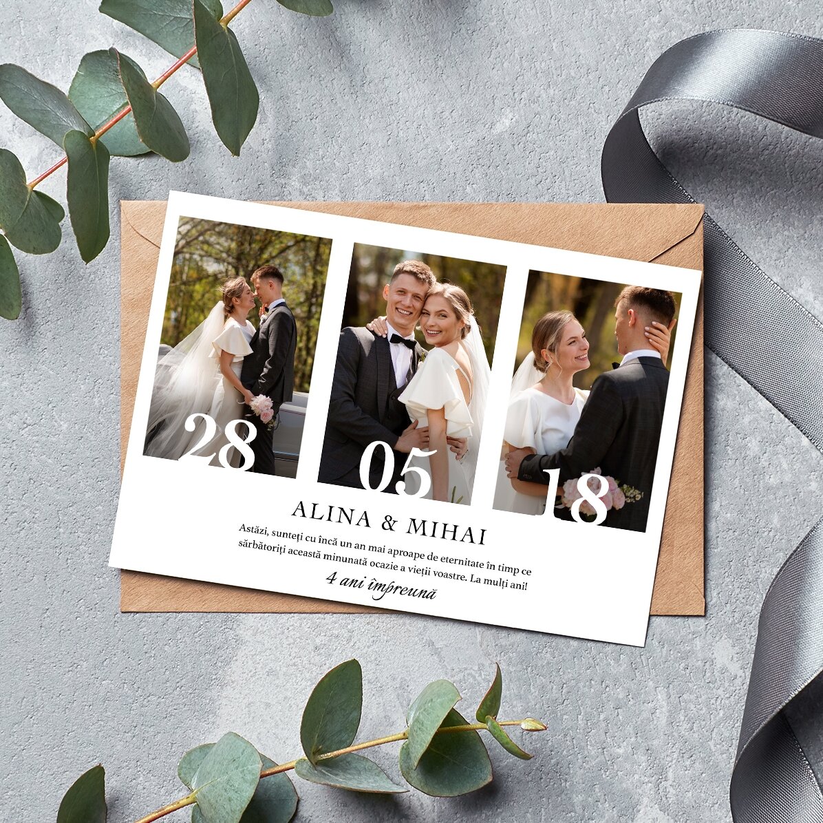 Gepersonaliseerde magnetische wenskaart met 3 foto’s en tekst voor een huwelijksverjaardag