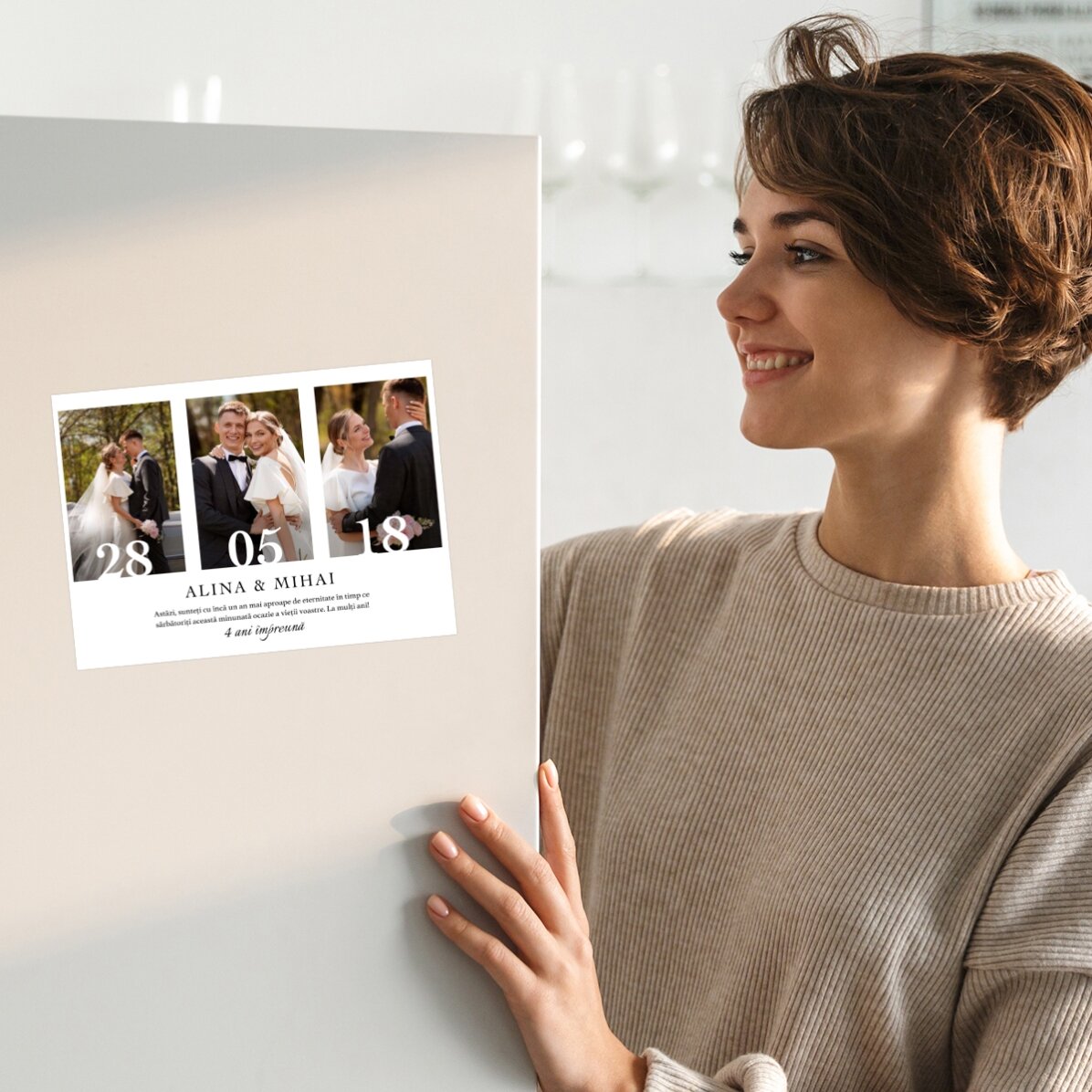 Gepersonaliseerde magnetische wenskaart met 3 foto’s en tekst voor een huwelijksverjaardag