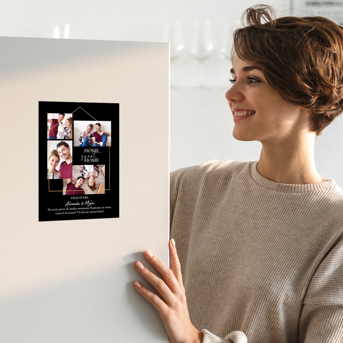 Gepersonaliseerde magnetische wenskaart met 4 foto’s en tekst voor een nieuw huis