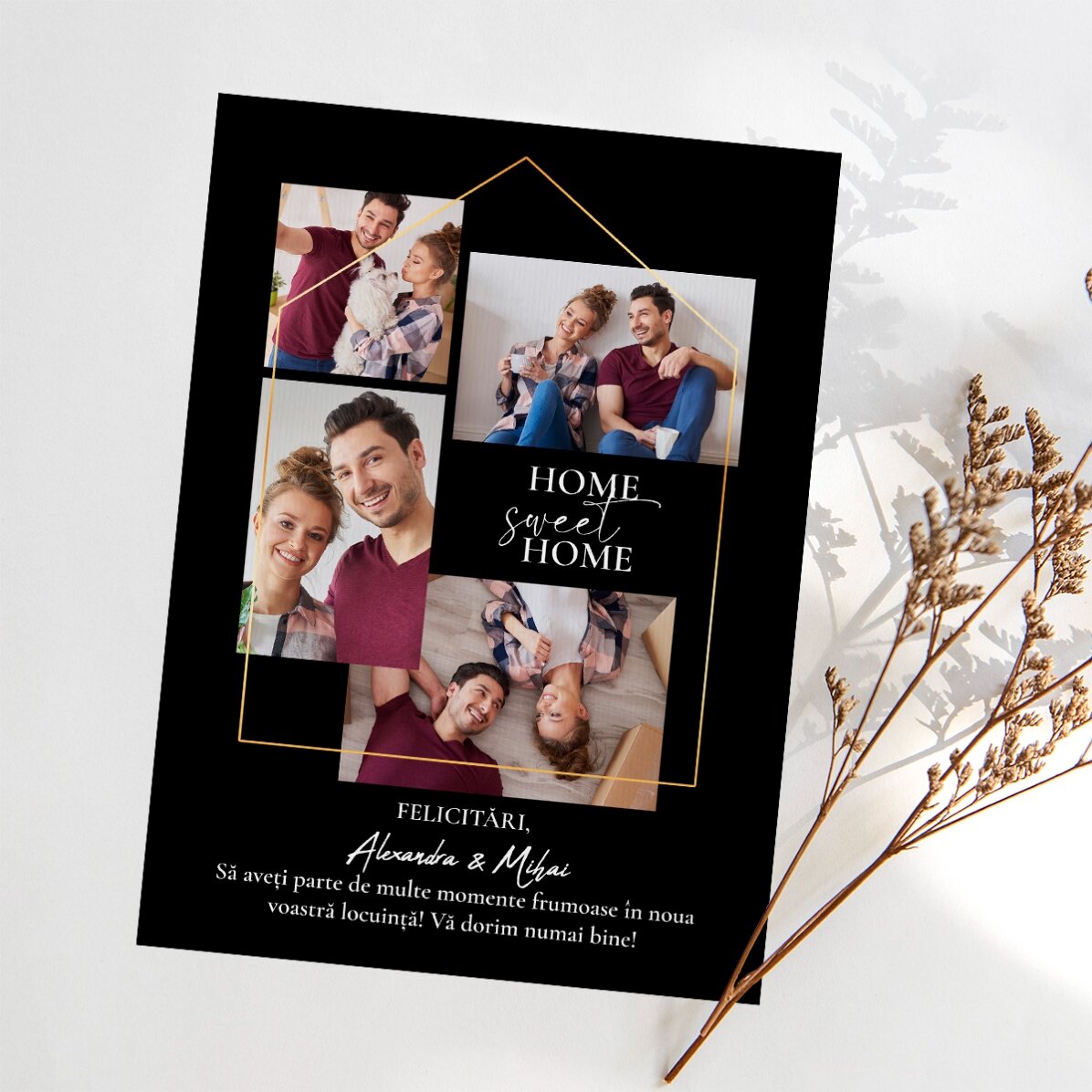 Gepersonaliseerde magnetische wenskaart met 4 foto’s en tekst voor een nieuw huis