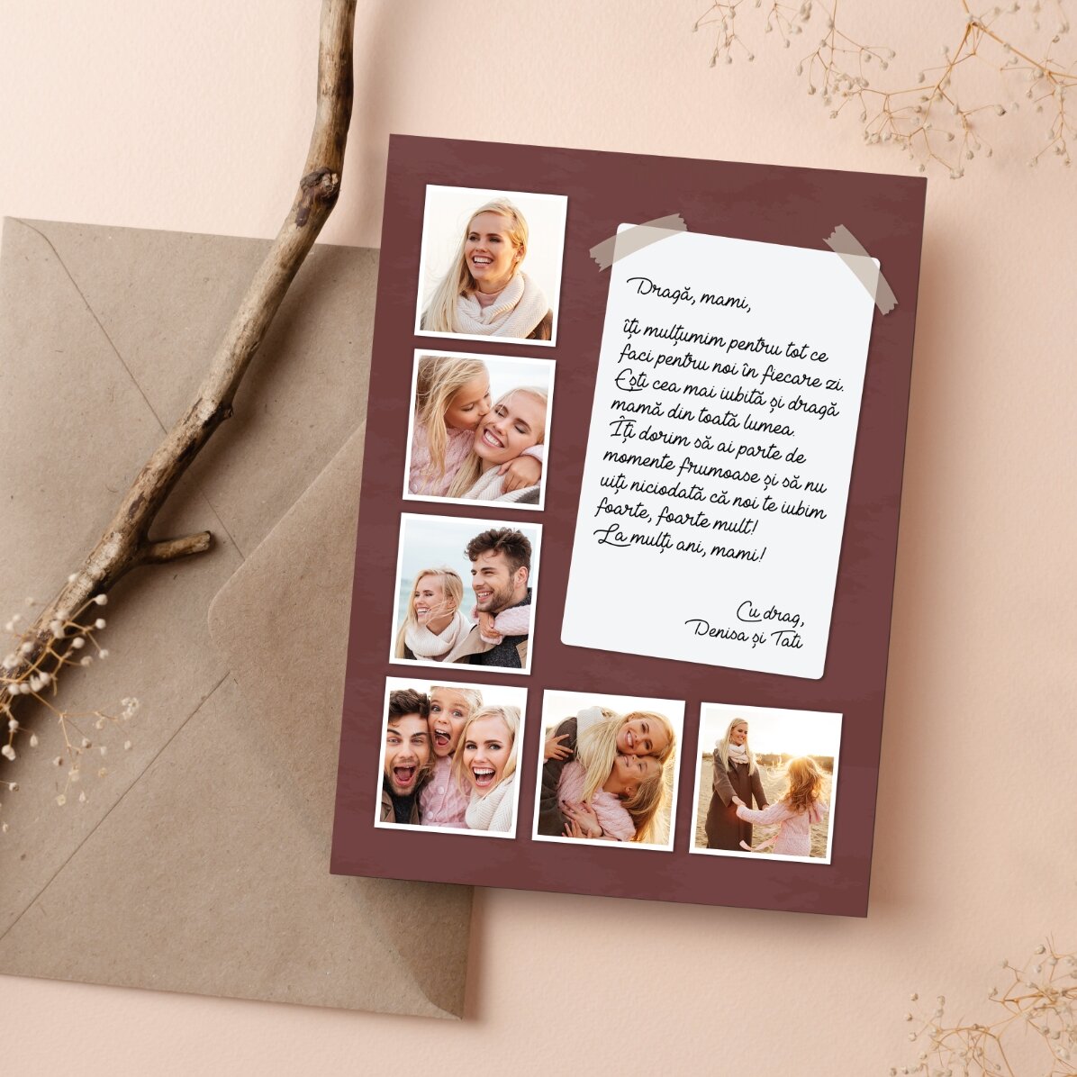 Gepersonaliseerde magnetische wenskaart met 6 foto’s en een lange boodschap