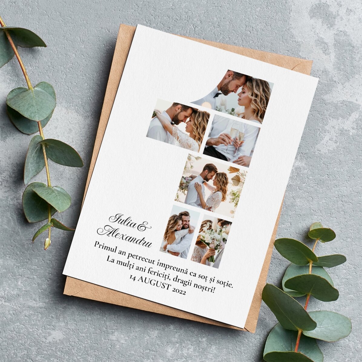 Gepersonaliseerde magnetische wenskaart met 6 foto’s en tekst voor de eerste verjaardag
