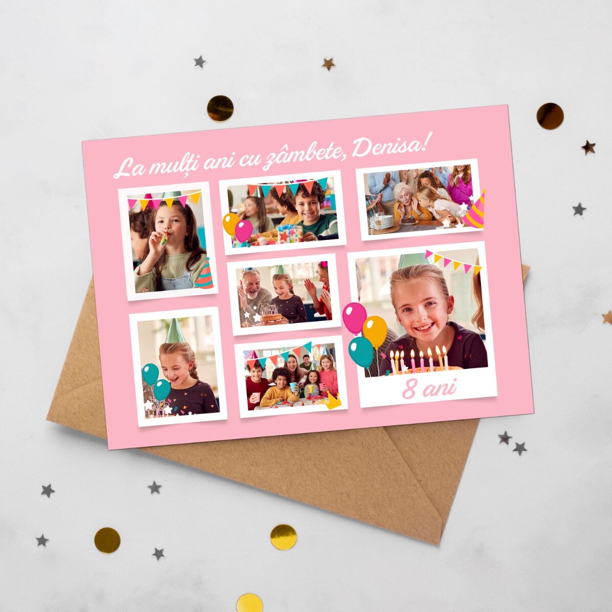 Gepersonaliseerde magnetische wenskaart met 7 foto’s en een boodschap voor kinderen