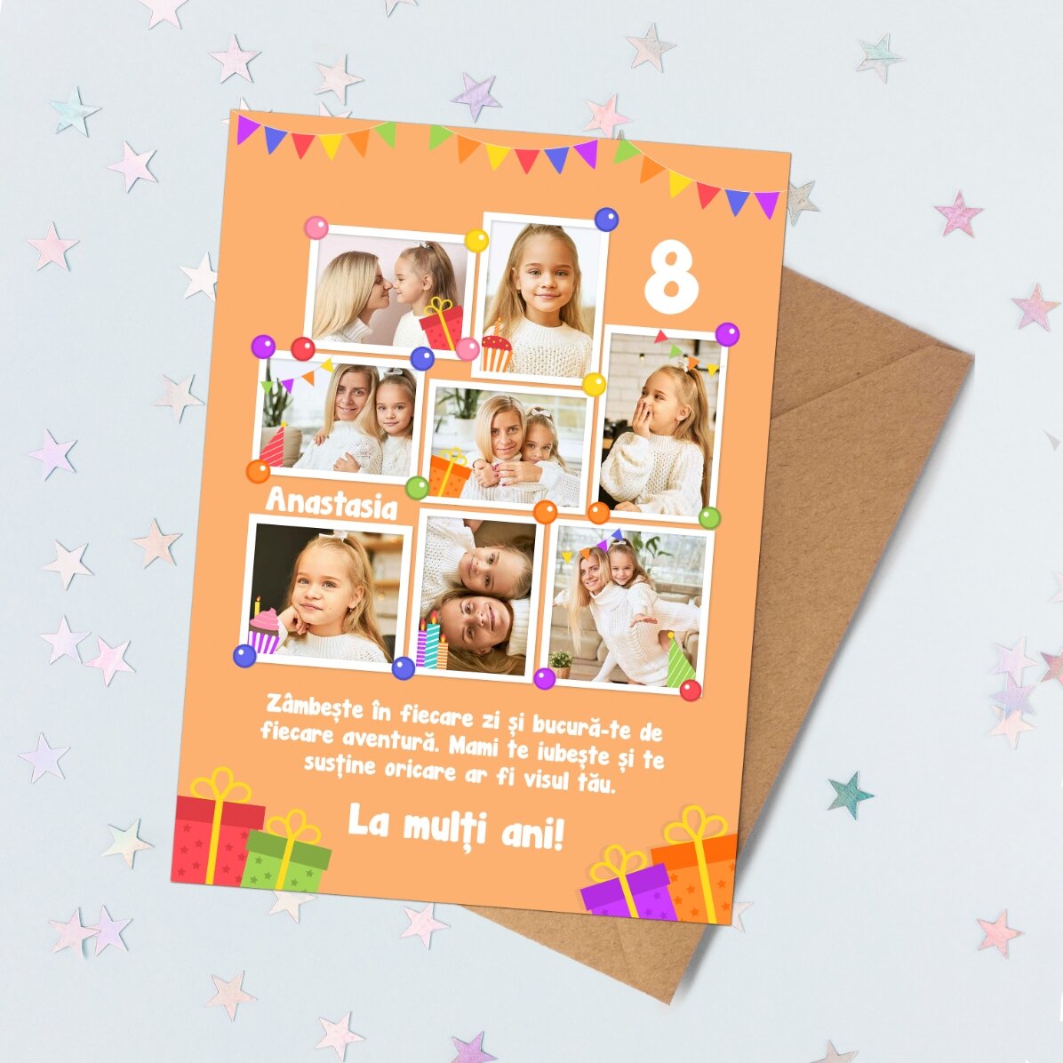 Personalised magnetic greeting card with 8 photos and message for children - Birthday
