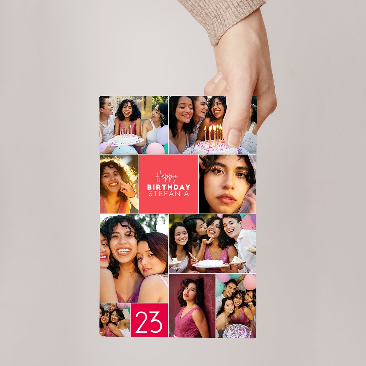 Gepersonaliseerde magnetische wenskaart met 9 foto’s en tekst voor een verjaardag