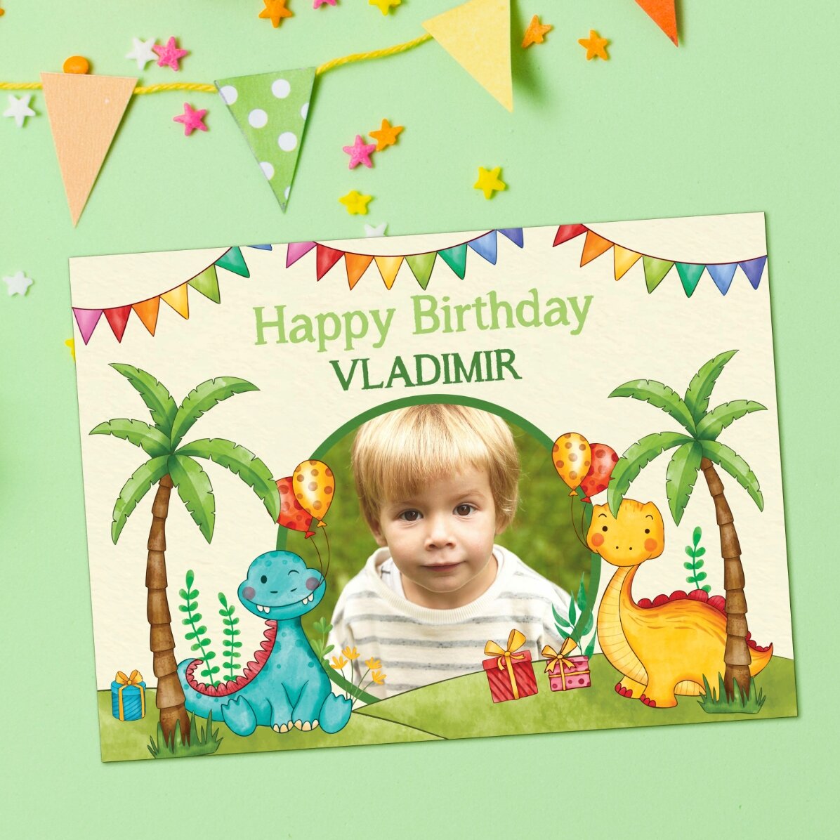 Personalised magnetic greeting card with a photo and message for children - Dinosaurs