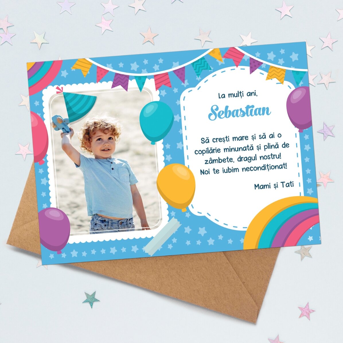 Gepersonaliseerde magnetische wenskaart met een foto en een boodschap voor kinderen