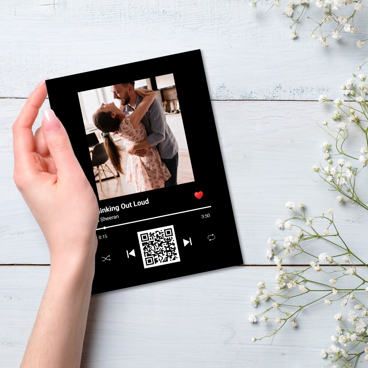 Gepersonaliseerde magnetische wenskaart met een foto, tekst en QR-code - Ons liedje