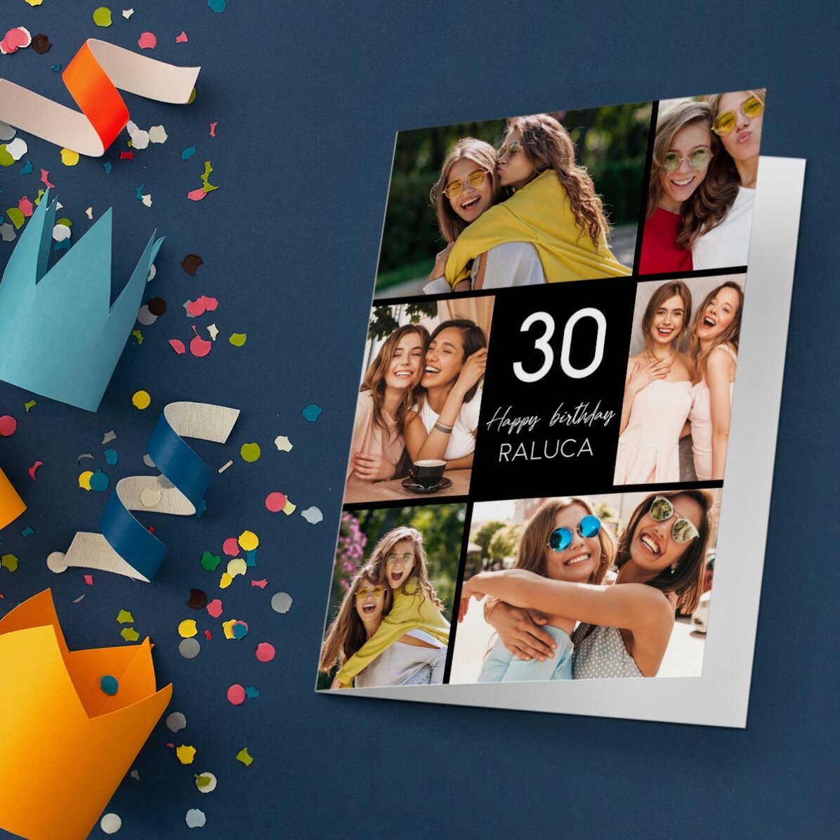 Gepersonaliseerde wenskaart voor meisjes, achterkant met foto’s en tekst