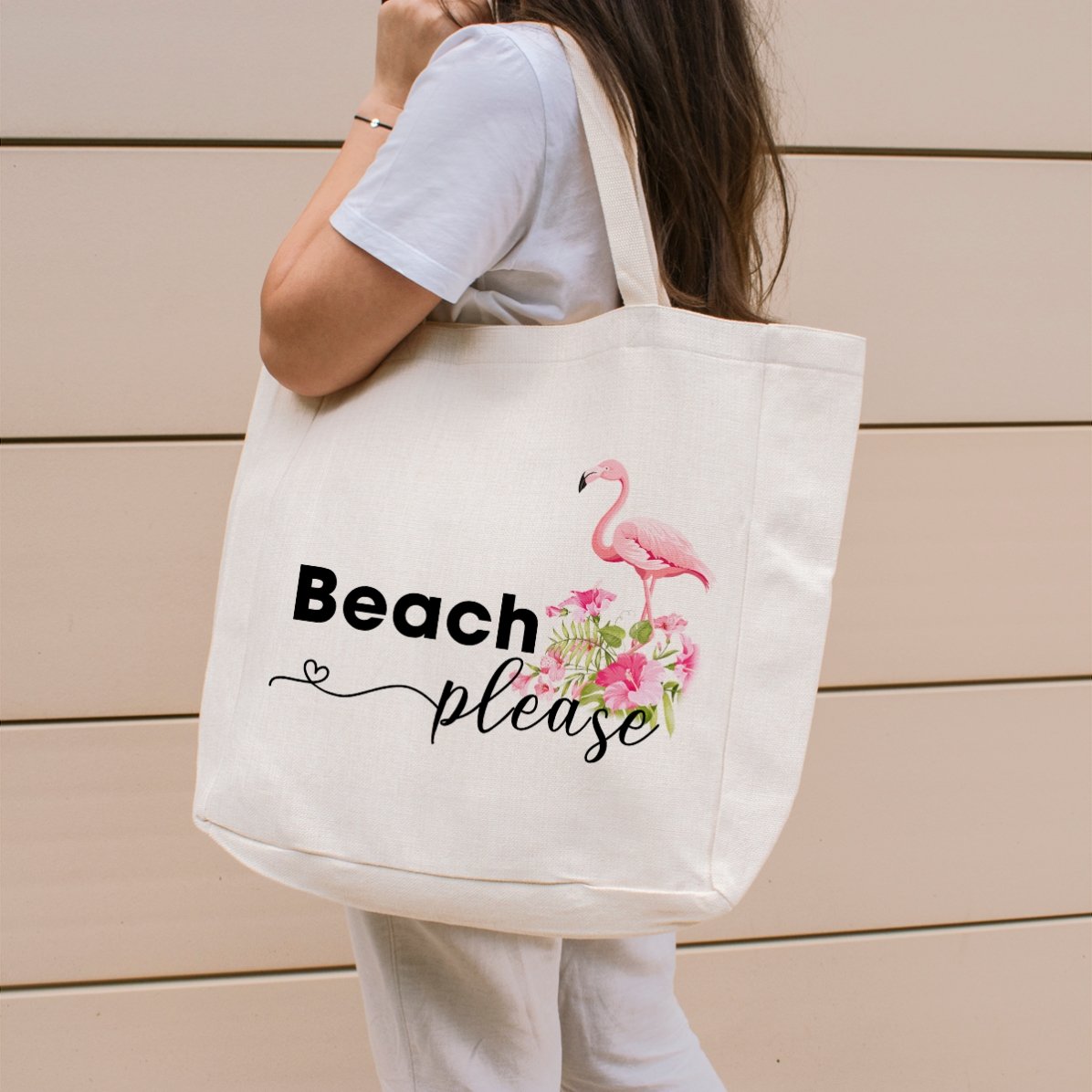 Strandtas met gepersonaliseerde tekst - Beach please, model flamingo
