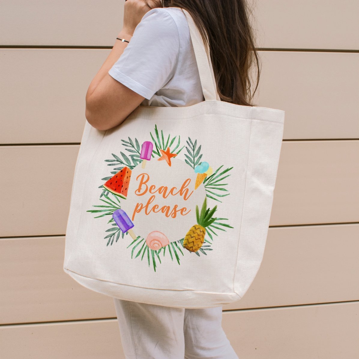 Personalised beach bag with text - Beach please model summer freeze