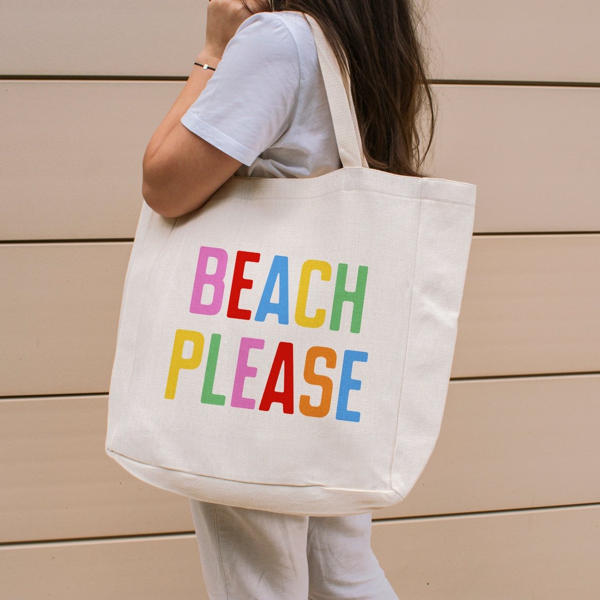 Strandtas met gepersonaliseerde tekst - Beach please, veelkleurig