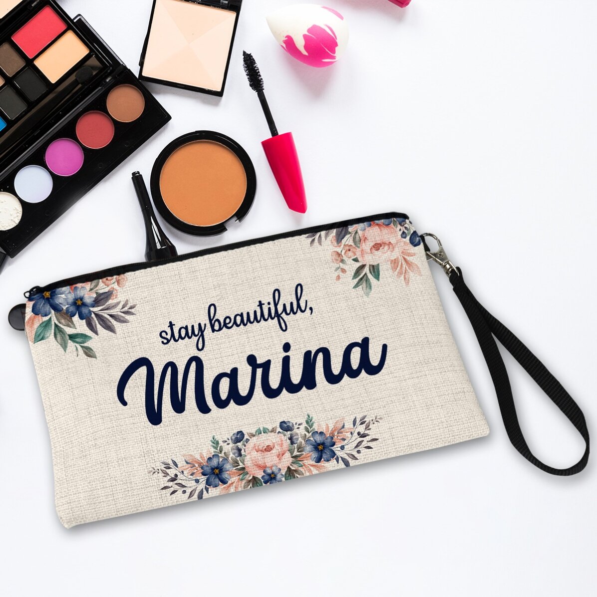 Gepersonaliseerd accessoiretasje met tekst - Floral