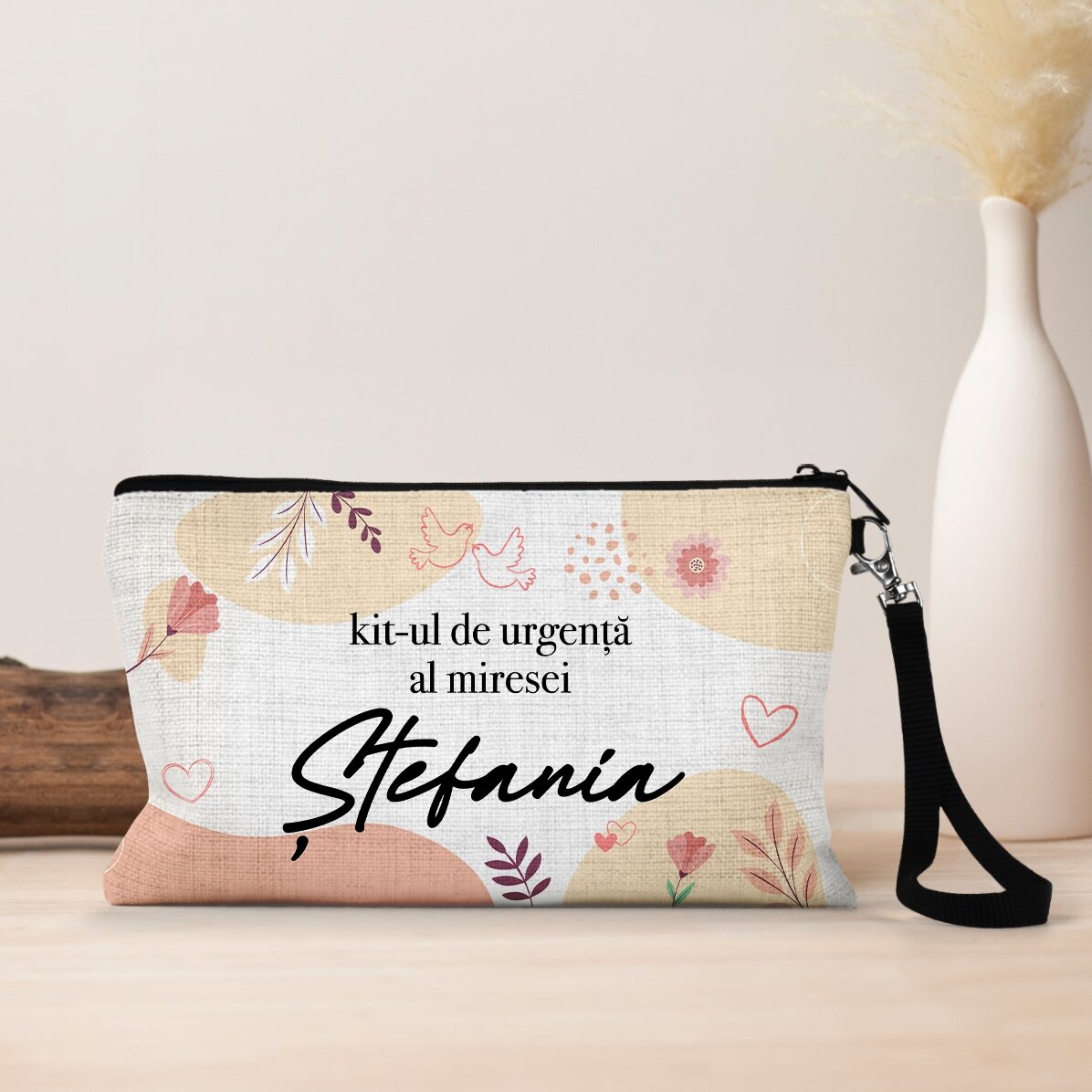 Gepersonaliseerd tasje voor accessoires met tekst - De noodset voor de bruid