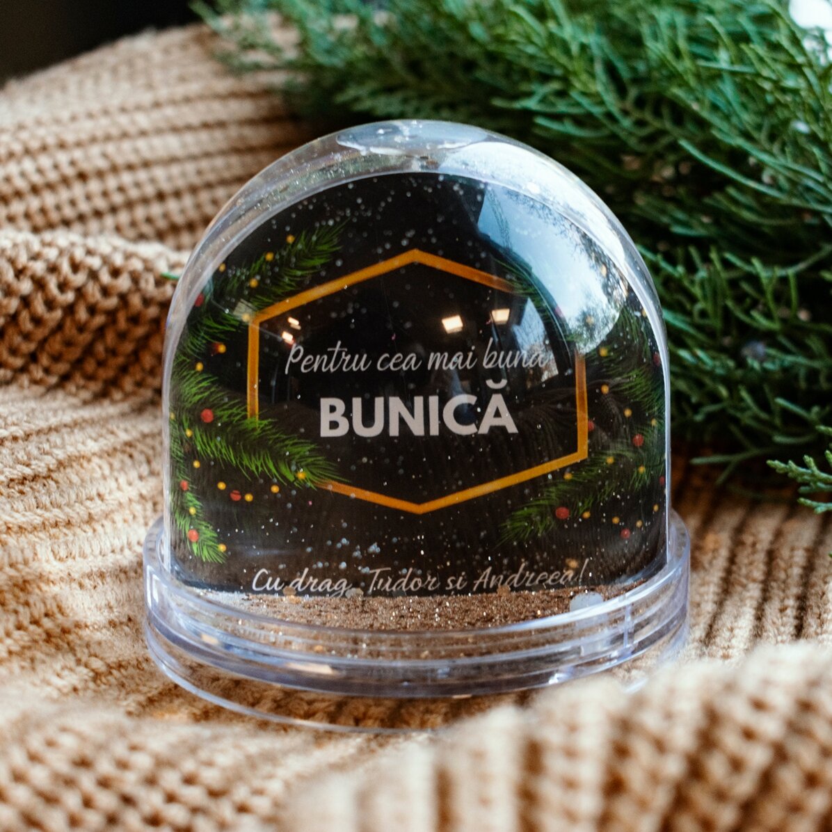 Gepersonaliseerde bureau-kogel met foto en tekst - De magie van Kerstmis
