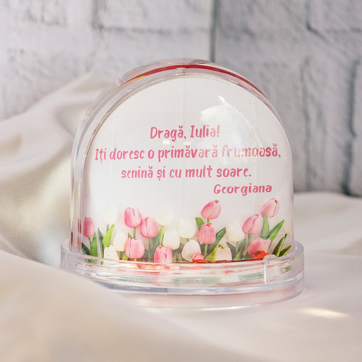 Personalised desk globe with photo and text - Have a wonderful spring!