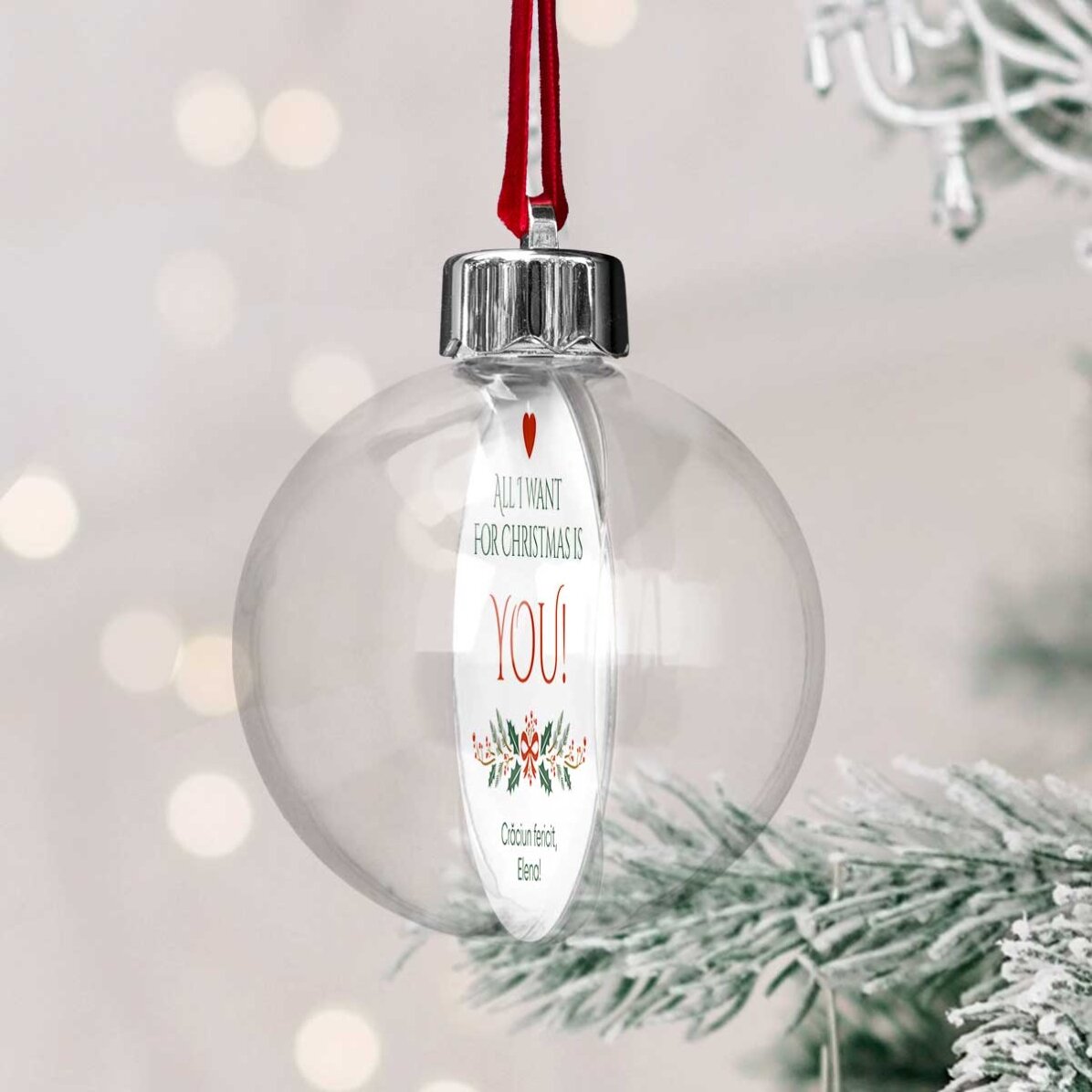 Gepersonaliseerde, doorzichtige kerstbal met aan beide kanten een foto en een boodschap - All I want