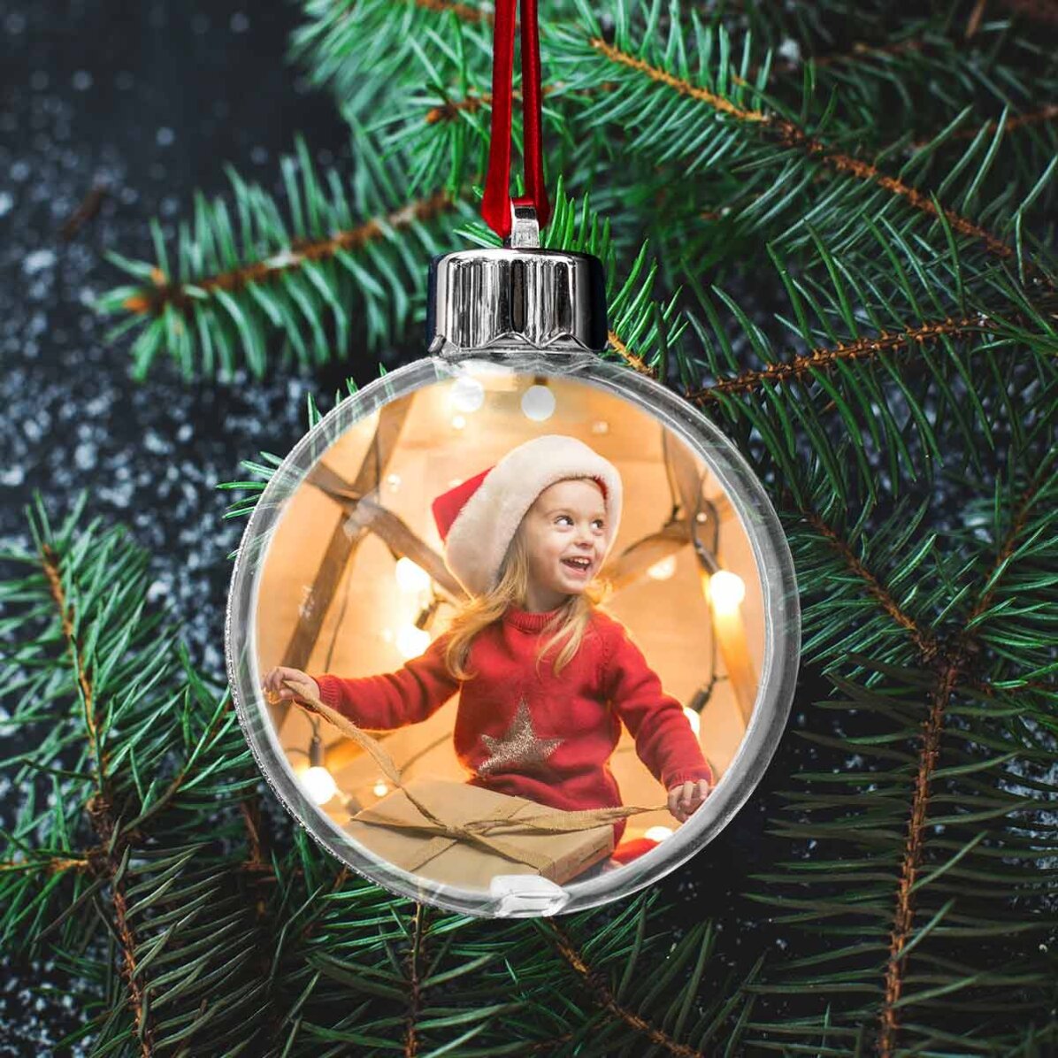 Gepersonaliseerde, dubbelzijdige, doorzichtige kerstbal met een foto en een boodschap – Vrolijk Kers