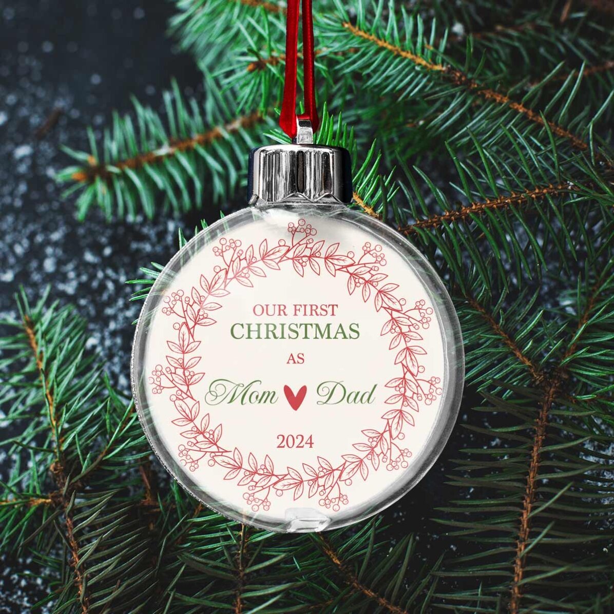 Gepersonaliseerde, door-en-door doorzichtige kerstbal met een foto en een boodschap - Onze eerste ke