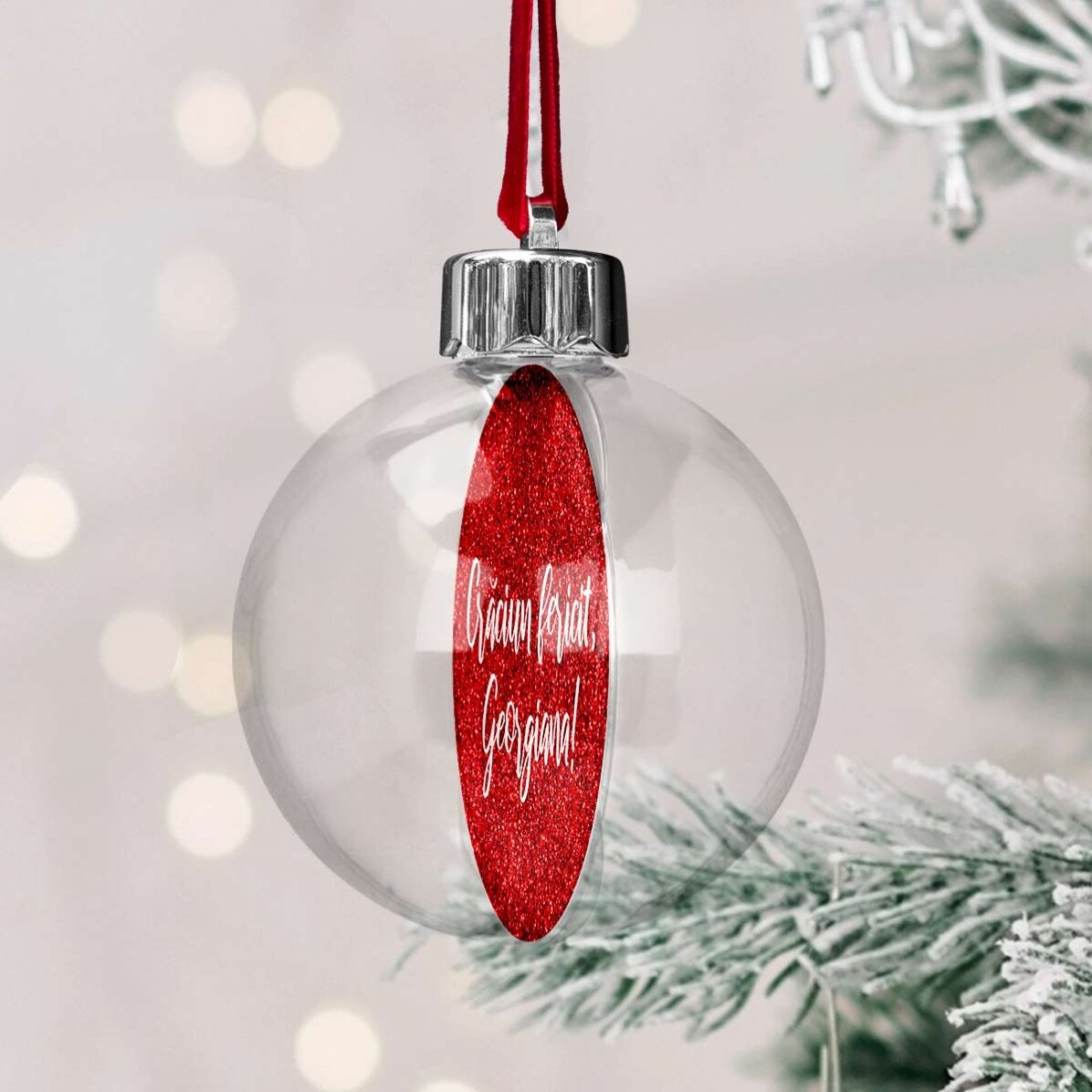 Transparent customised double-sided globe with a photo and text - Merry Christmas!